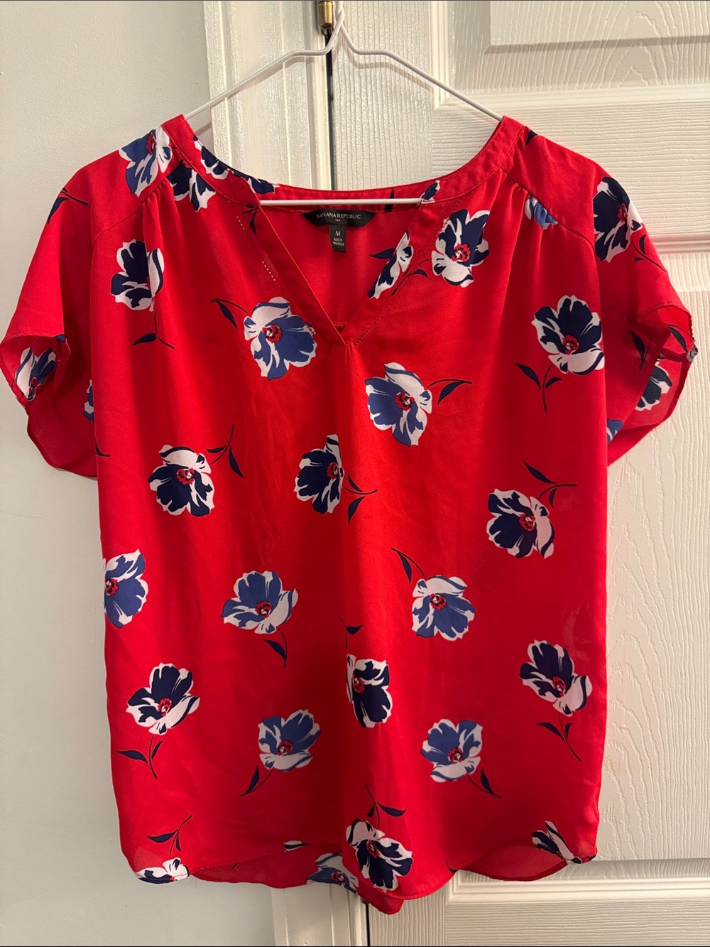 Banana Republic Red Floral V-Neck Blouse with Blue and White Blossoms